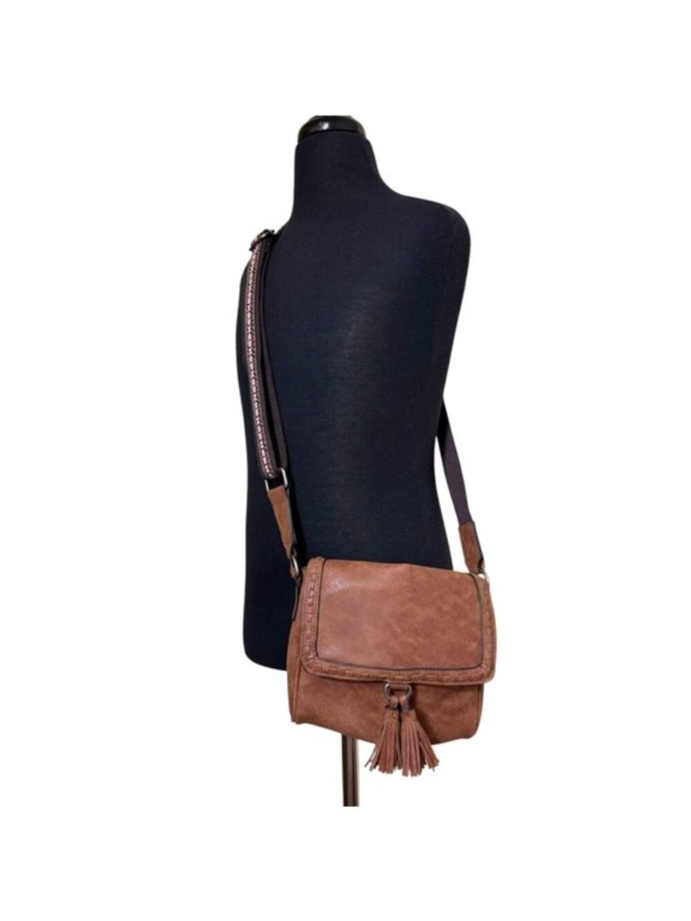 Boho Brown Crossbody Bag Guitar Strap Faux Leather Tassel Textile